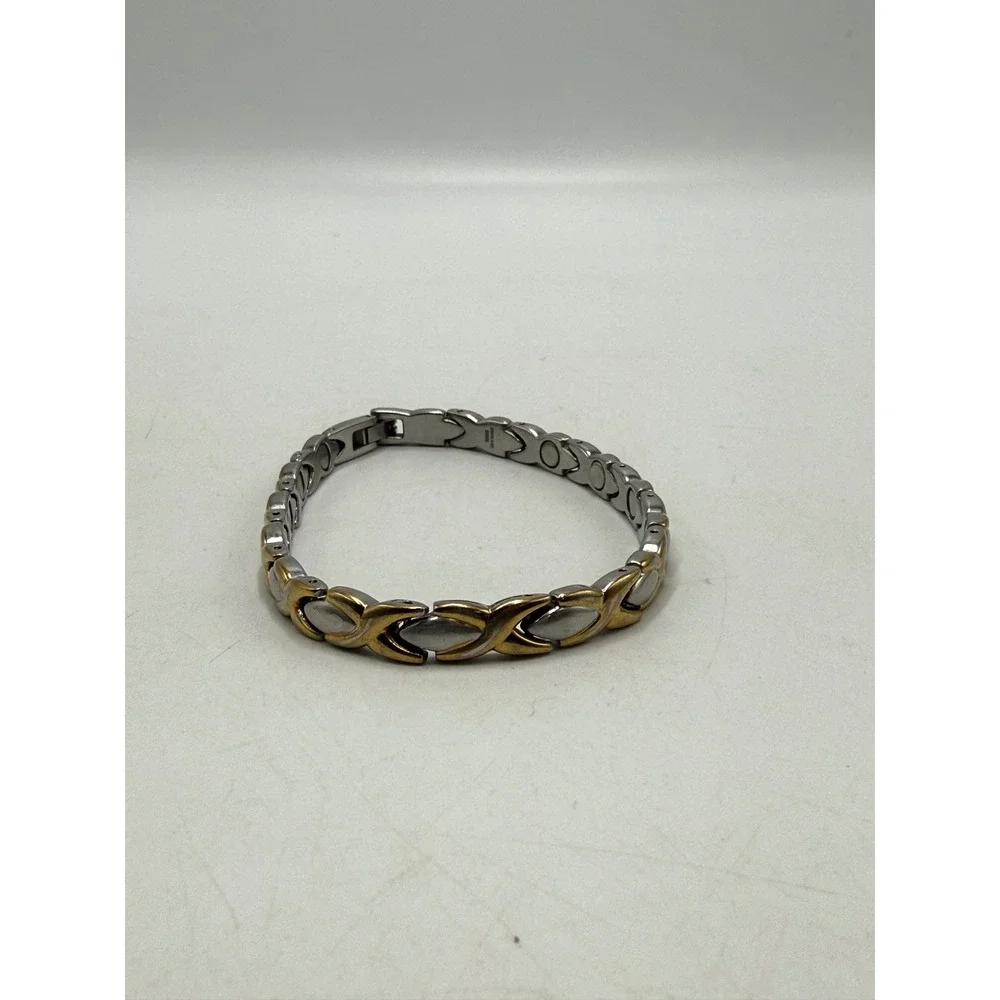 Two Tone Magnetic X Link Bracelet Silver Gold Tone 8.5 Inch Unisex